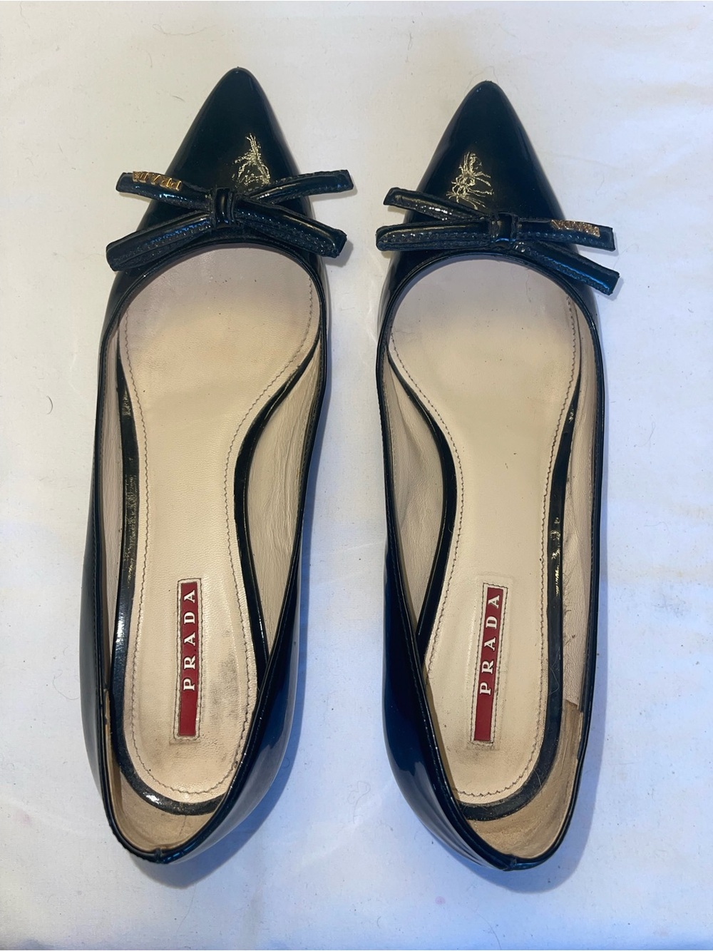 Prada Black Patent Leather Pointed-Toe Wedge Flats with Bow